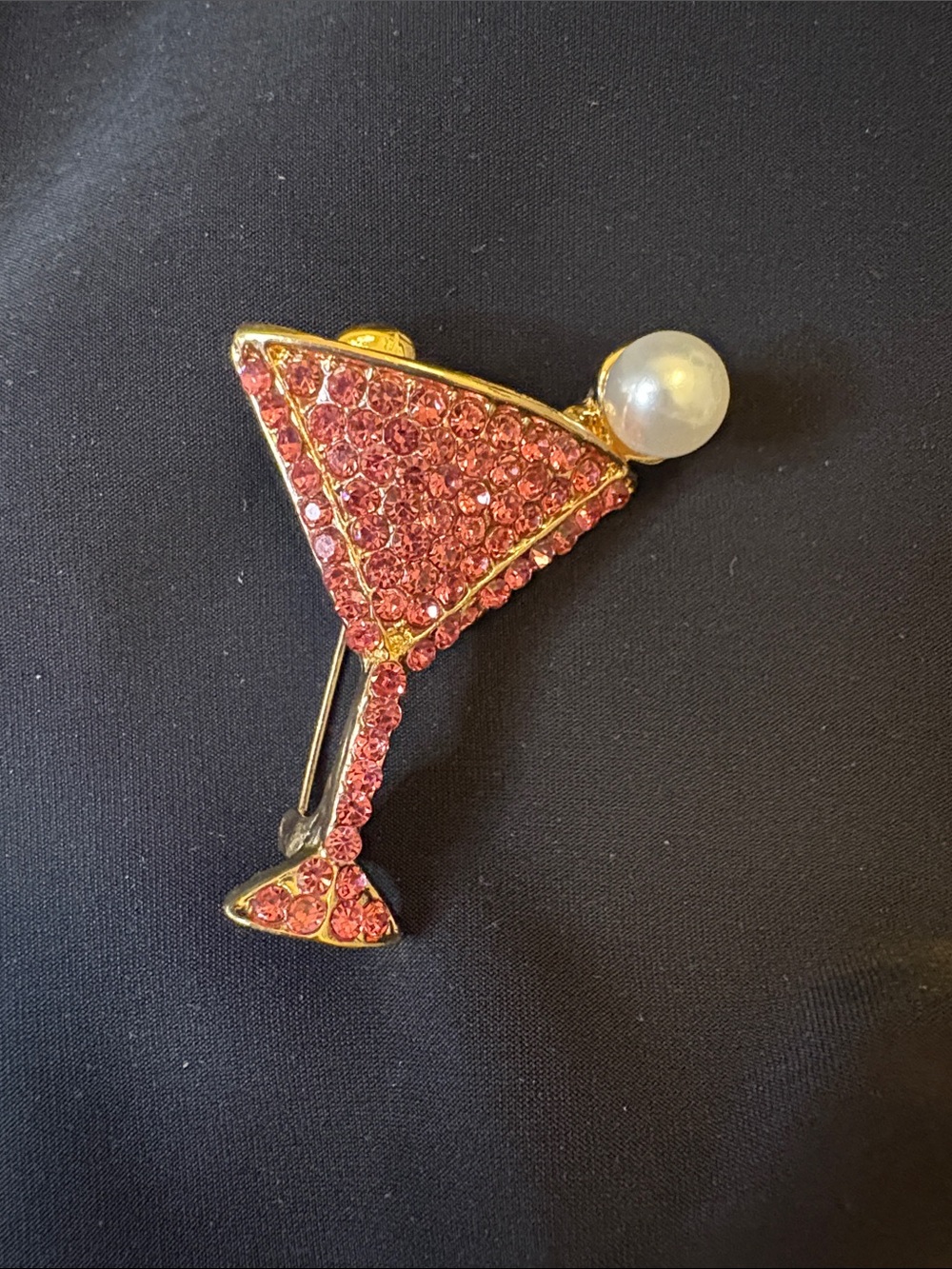 Gold-Tone Pink Crystal Martini Brooch with Pearl Accent